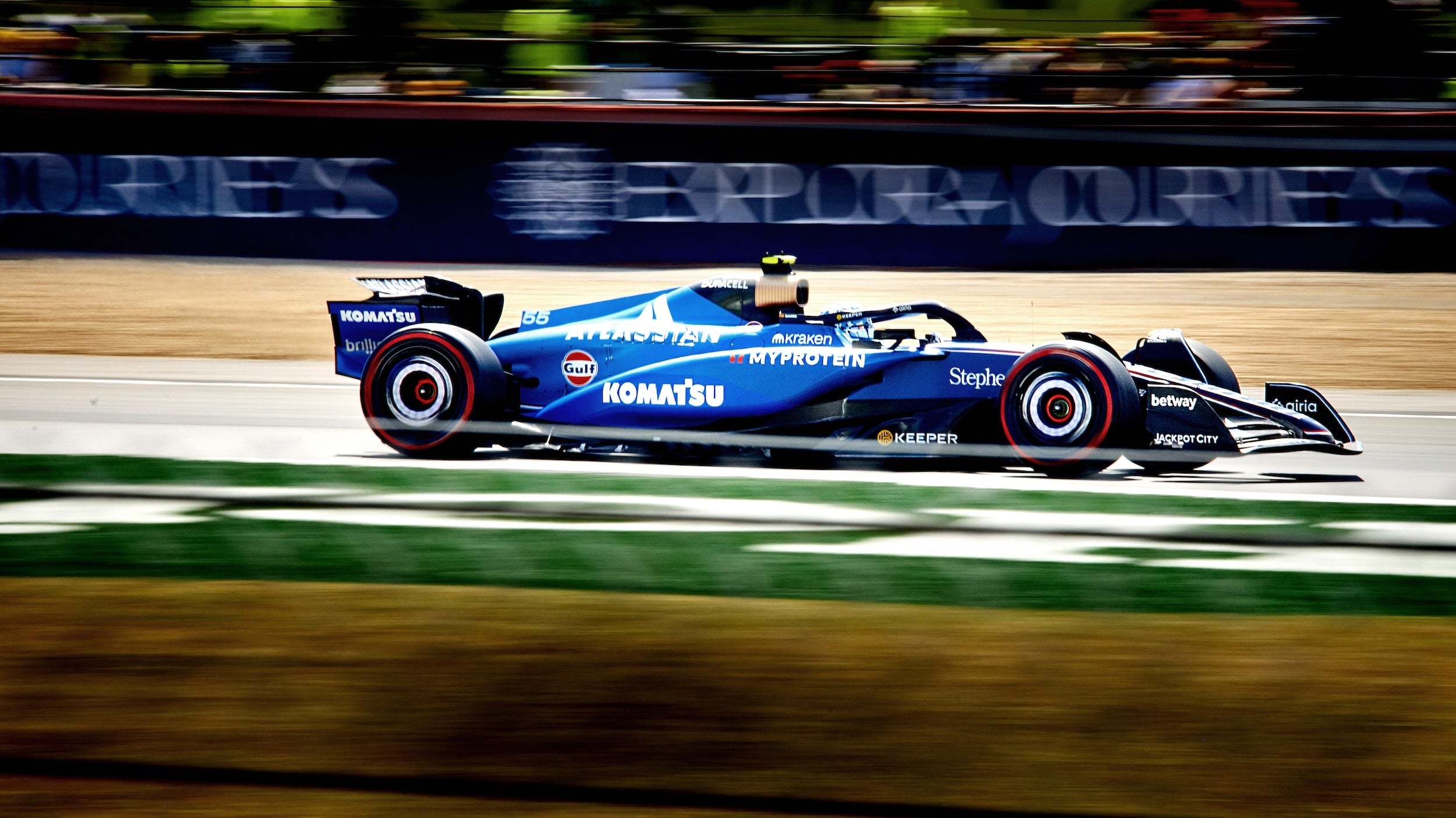 Williams Racing Blue FW47 2025 Formula One Car racing around the track with a blurred background