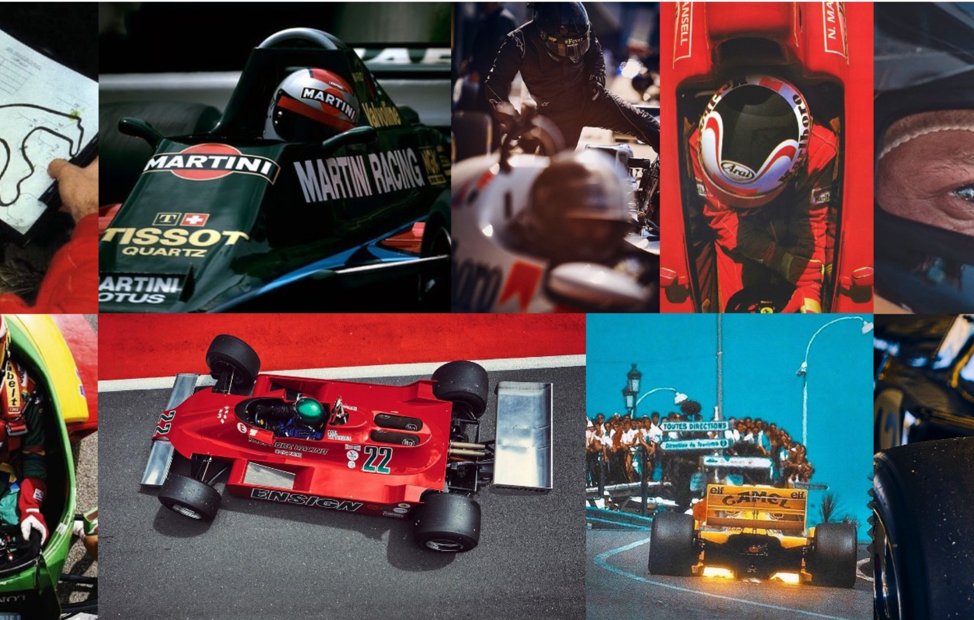 Collage of Formula 1 car parts and racing-themed items.