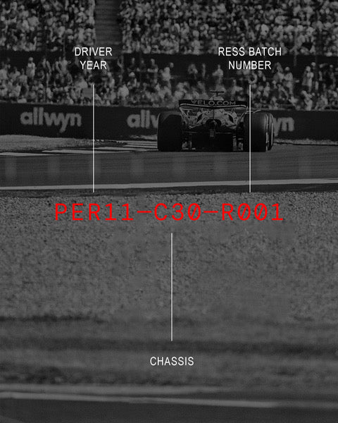 RESS Jewellery Serial Number explaination. Driver, year, chassis, RESS unique ID number. PER11-C30-R1001. With McLaren F1 car driving in the background